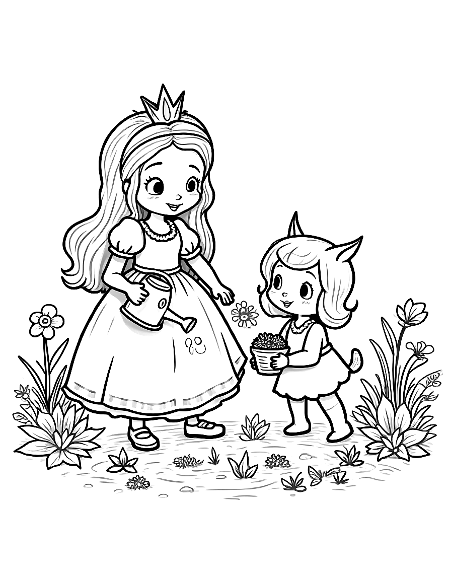 Free children's book illustration: princess luna holding a watering can while pip carries a small basket of seeds. they are working together in a flower bed with various plants and gardening tools scattered around them.. suitable for a coloring book page. coloring page in contour style — printable line art