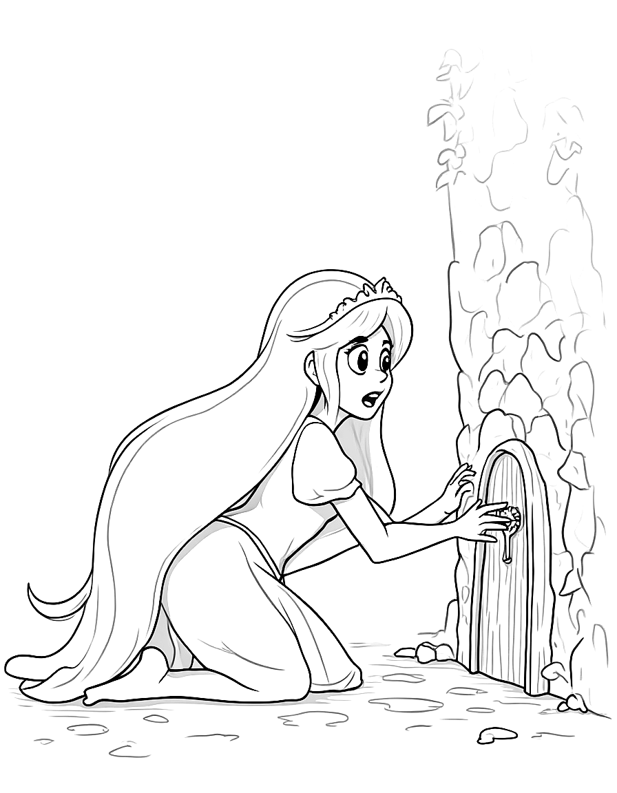 Free children's book illustration: princess luna kneeling beside a stone wall covered in ivy vines, pushing aside the leaves to reveal a small wooden door with an ornate handle. she looks excited and surprised.. suitable for a coloring book page. coloring page in contour style — printable line art