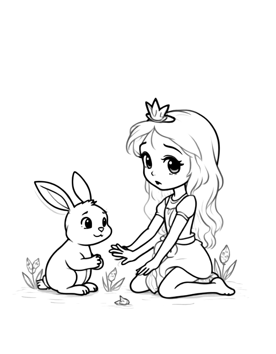 Children's book illustration: Princess Luna kneeling down beside a small rabbit with floppy ears who is sitting next to a drooping flower. The rabbit appears sad while Luna reaches out her hand in a caring gesture.. Suitable for a coloring book page. coloring page Contour style - free printable