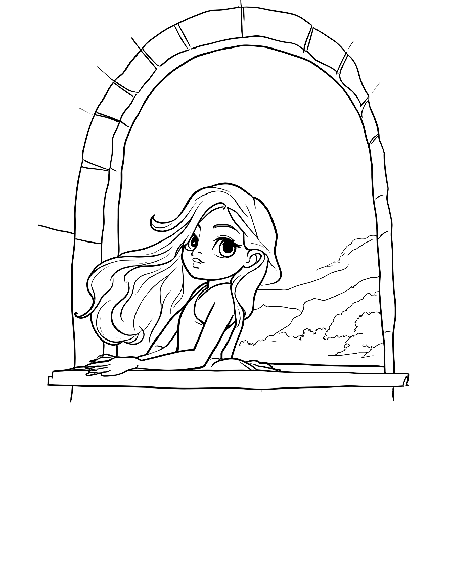 Free children's book illustration: princess luna leaning out of a castle window with her hands on the windowsill, looking out toward distant hills and trees. her hair flows in the breeze and she has a curious expression.. suitable for a coloring book page. coloring page in contour style — printable line art