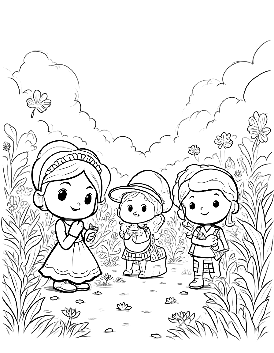 Children's book illustration: Princess Luna, Pip, Rosie, and Benny engaged in various activities throughout the garden - some tending to plants, others playing games, all looking happy and busy in different areas of the flourishing garden.. Suitable for a coloring book page. coloring page Contour style - free printable