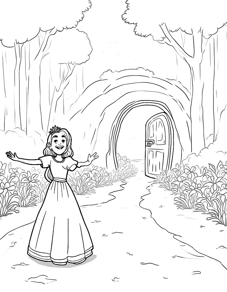 Children's book illustration: Princess Luna stepping through the small doorway into a magical garden filled with oversized flowers, winding paths, and tall trees. Her arms are outstretched in wonder and amazement.. Suitable for a coloring book page. coloring page Contour style - free printable