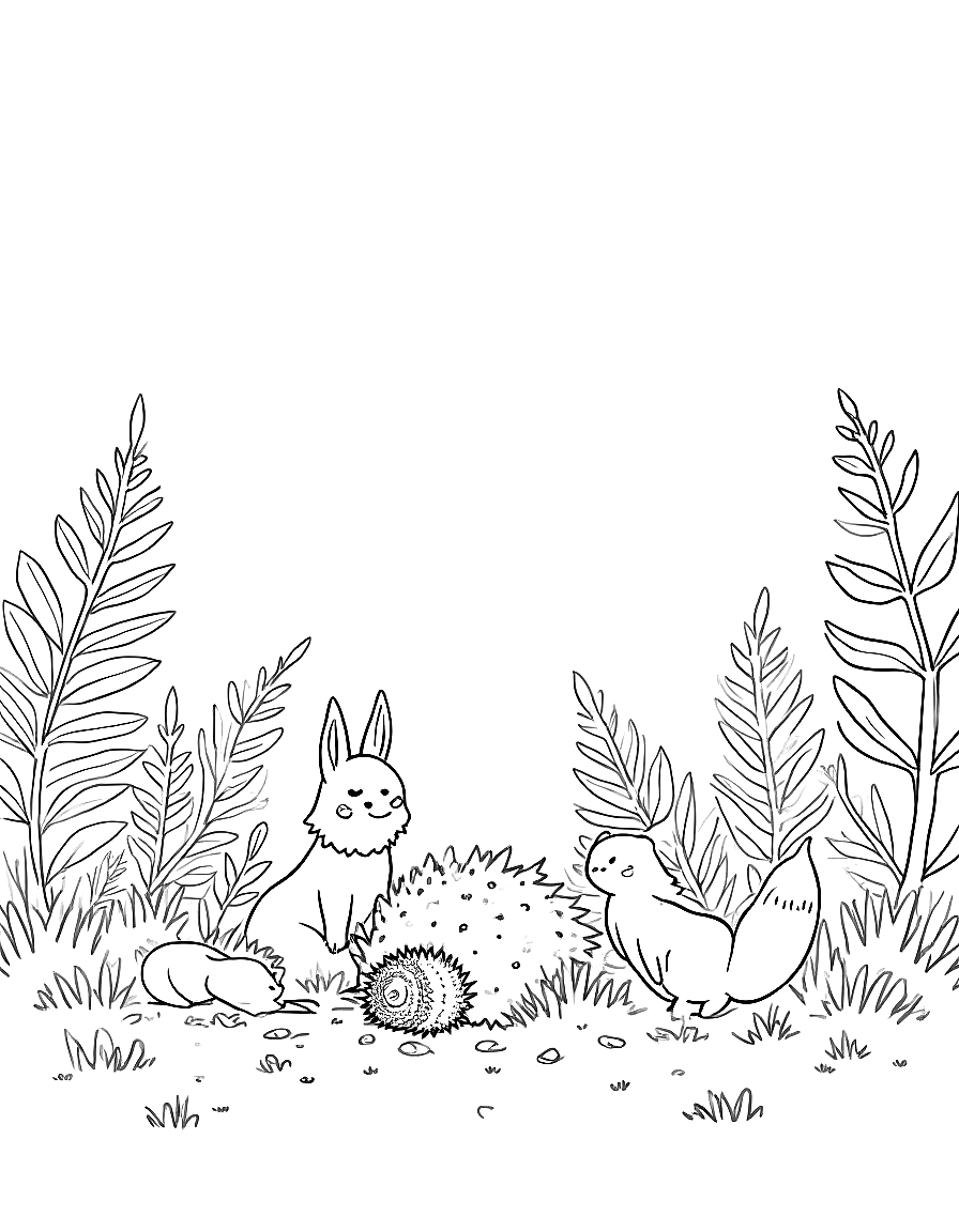 Children's book illustration: The friends playing hide-and-seek in a fern-filled forest clearing. Hazel is curled up in a tight spiky ball hidden among the ferns, while Clover, Finn, and Pepper are searching with playful expressions. Large ferns and forest undergrowth fill the scene.. Same characters throughout: Gentle woodland story in Fairport Forest. Three friends: Finn the Fox (small red fox, white-tipped tail, brown satchel), Clover the Rabbit (white rabb. Suitable for a coloring book page. coloring page Contour style - free printable
