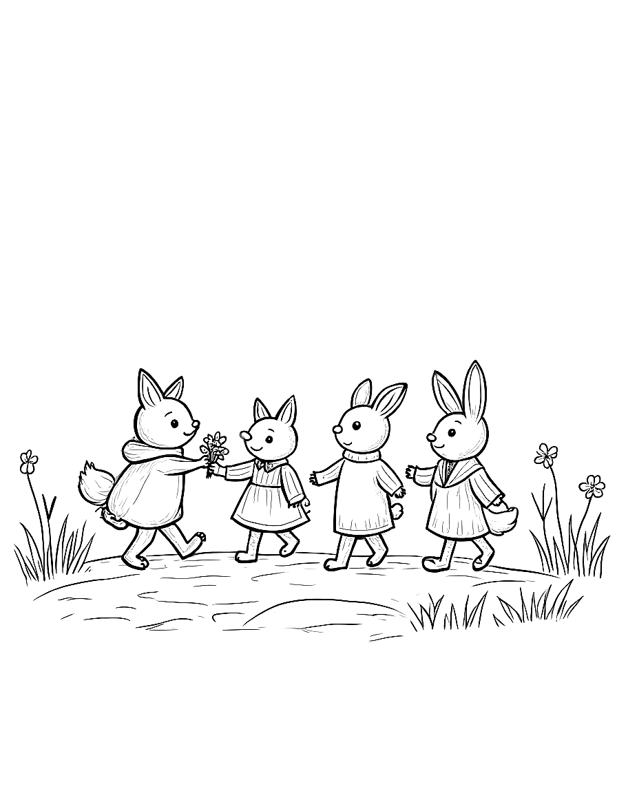 Children's book illustration: The group of four friends walks along a winding forest path. Clover is handing a small bouquet of wildflowers to Oliver, who is reaching out to accept them. The path is lined with various forest flowers and plants. All four friends look happy and comfortable together.. Same characters throughout: Gentle woodland story in Fairport Forest. Three friends: Finn the Fox (small red fox, white-tipped tail, brown satchel), Clover the Rabbit (white rabb. Suitable for a co... coloring page Contour style - free printable