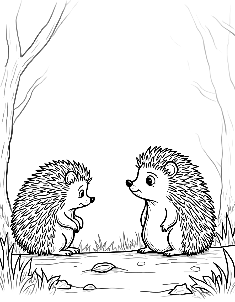 Children's book illustration: The hedgehog named Hazel looking up at Clover with sad eyes, surrounded by forest undergrowth and fallen leaves. Suitable for a coloring book page. coloring page Contour style - free printable