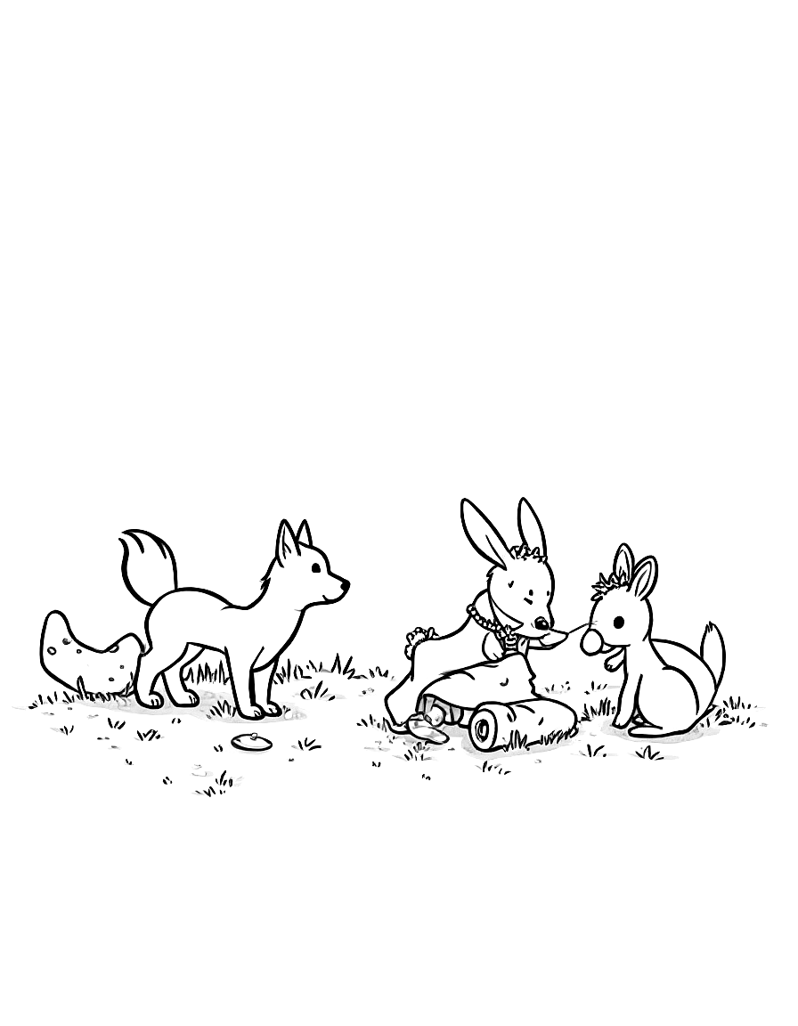 Children's book illustration: The three friends searching in different areas of the forest. Finn is looking under large mushrooms, Pepper is peering into a hollow log, and Clover is searching among wildflowers and moss.. Same characters throughout: Gentle woodland story in Fairport Forest. Three friends: Finn the Fox (small red fox, white-tipped tail, brown satchel), Clover the Rabbit (white rabbit, floppy ears, daisy-chain crown), Pepper the Skunk (black skunk, white stripe, lavender bow on left ear). Clover notices a stranger is sad and finds small ways to help. Theme: kindness. Soft mossy forest setting.. Suitable for a coloring book page. coloring page Contour style - free printable