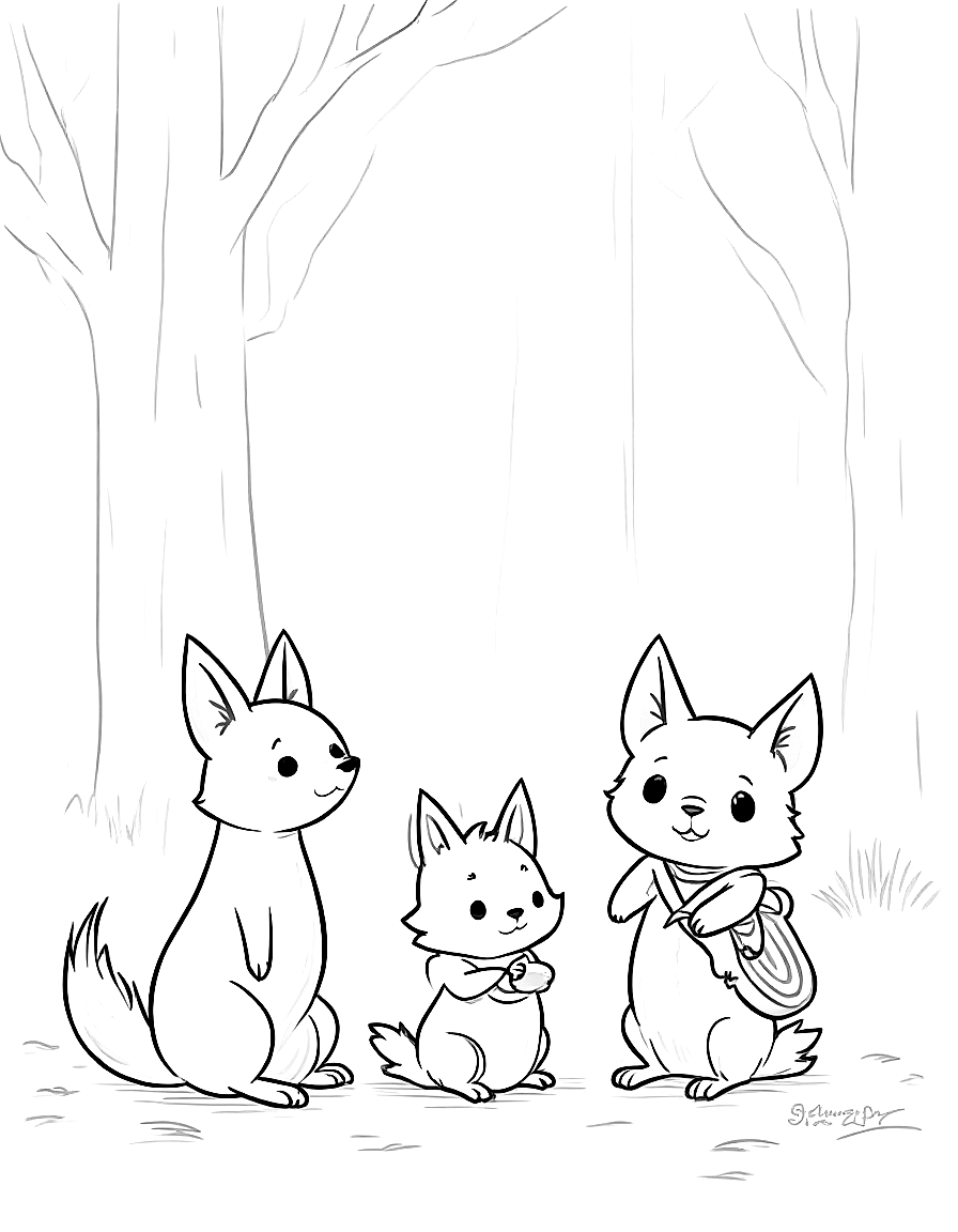 Children's book illustration: The three friends stopped on the forest path, all listening carefully. Clover's ears are perked up and alert. Rays of sunlight filter through the tree canopy above them. In the background, partially hidden behind a large tree trunk, the silhouette of another small animal can be seen.. Same characters throughout: Gentle woodland story in Fairport Forest. Three friends: Finn the Fox (small red fox, white-tipped tail, brown satchel), Clover the Rabbit (white rabb. S... coloring page Contour style - free printable