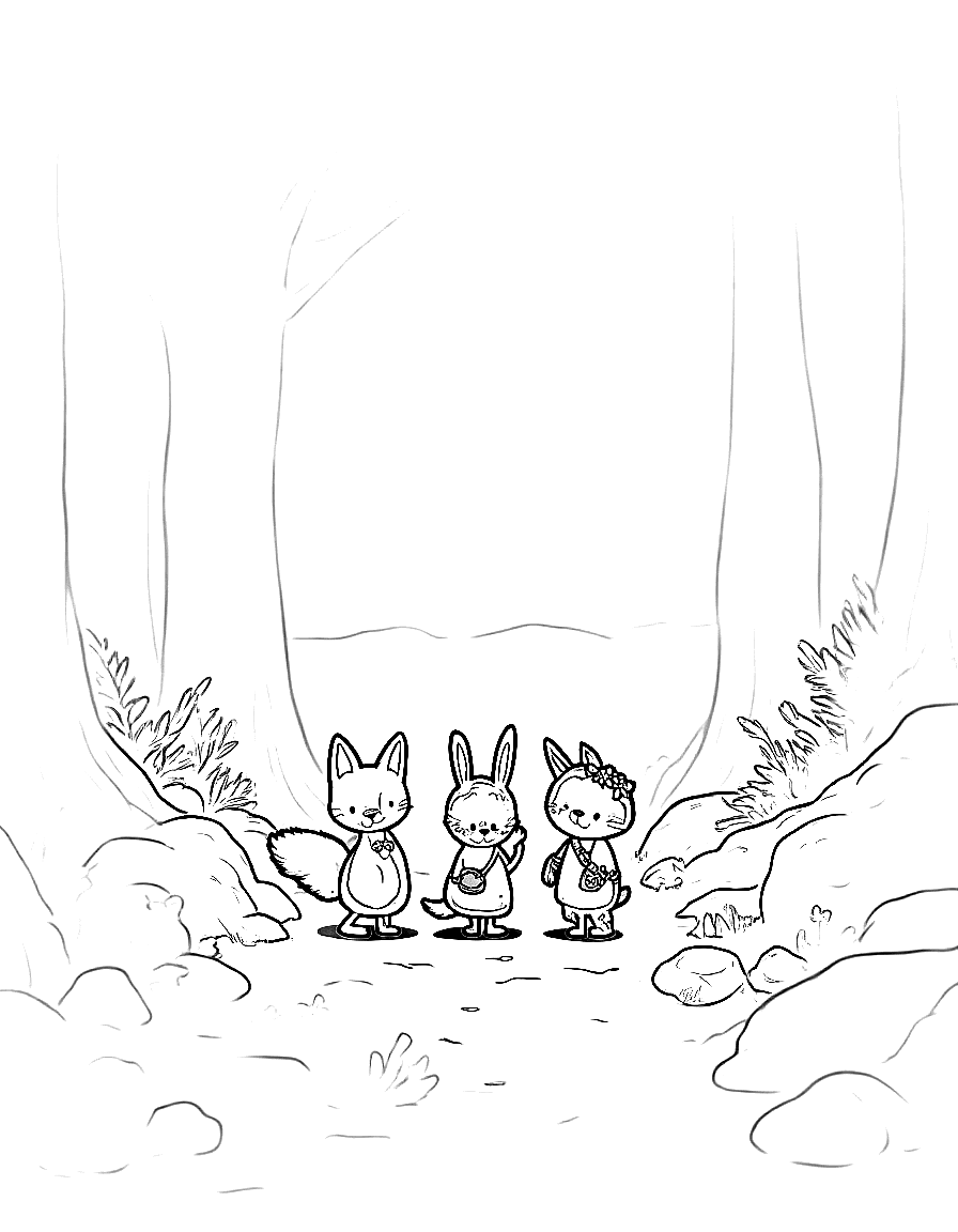 Children's book illustration: The three friends walking through the forest toward a bright clearing ahead. Moss-covered rocks and ferns line the forest floor. Sunlight filters through the tree branches above them.. Same characters throughout: Gentle woodland story in Fairport Forest. Three friends: Finn the Fox (small red fox, white-tipped tail, brown satchel), Clover the Rabbit (white rabbit, floppy ears, daisy-chain crown), Pepper the Skunk (black skunk, white stripe, lavender bow on left ear). Clover notices a stranger is sad and finds small ways to help. Theme: kindness. Soft mossy forest setting.. Suitable for a coloring book page. coloring page Contour style - free printable