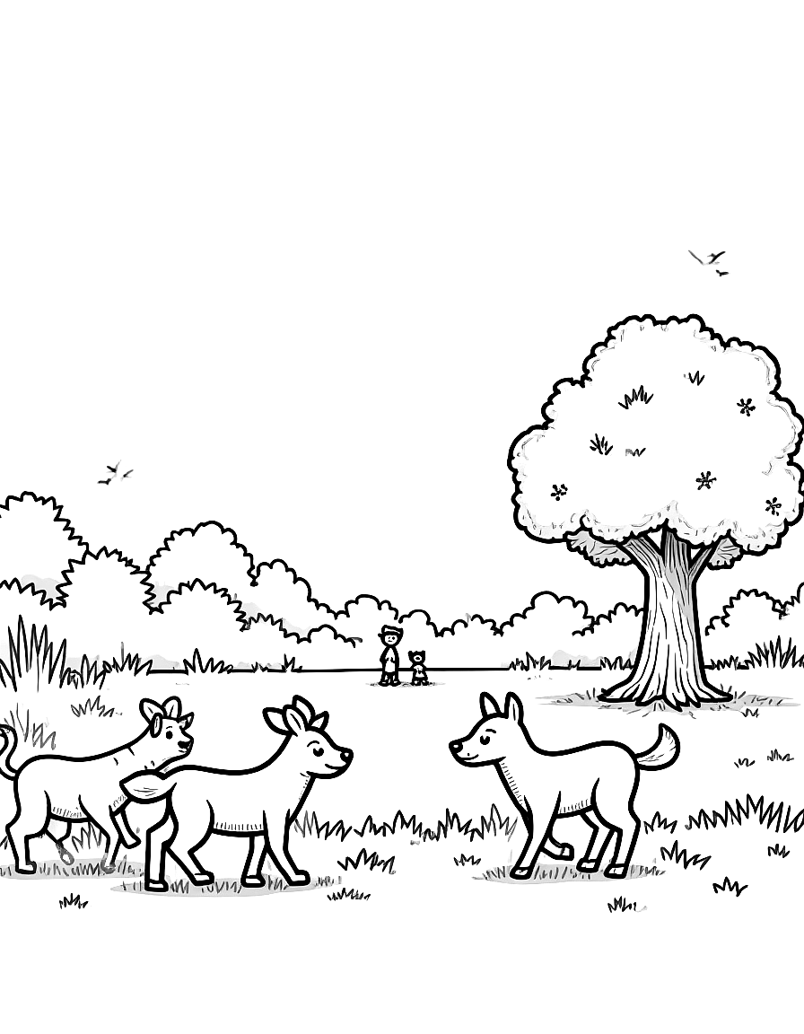 Children's book illustration: Three animal friends approaching a forest clearing with a large oak tree, where a small figure sits alone in the distance. Suitable for a coloring book page. coloring page Contour style free printable