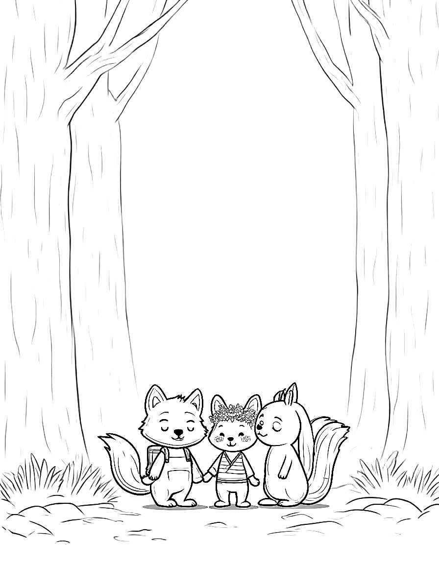 Free children's book illustration: three animal friends standing together in a forest clearing surrounded by tall trees with thick trunks. finn is a small fox with a bushy tail and brown satchel across his shoulder. clover is a white rabbit with long floppy ears and a crown made of daisies. pepper is a skunk with a distinctive white stripe and a small bow on her left ear. moss covers the ground and tree bases.. same characters throughout: gentle woodland story in fairport forest. three friends: fi... coloring page in contour style — printable line art