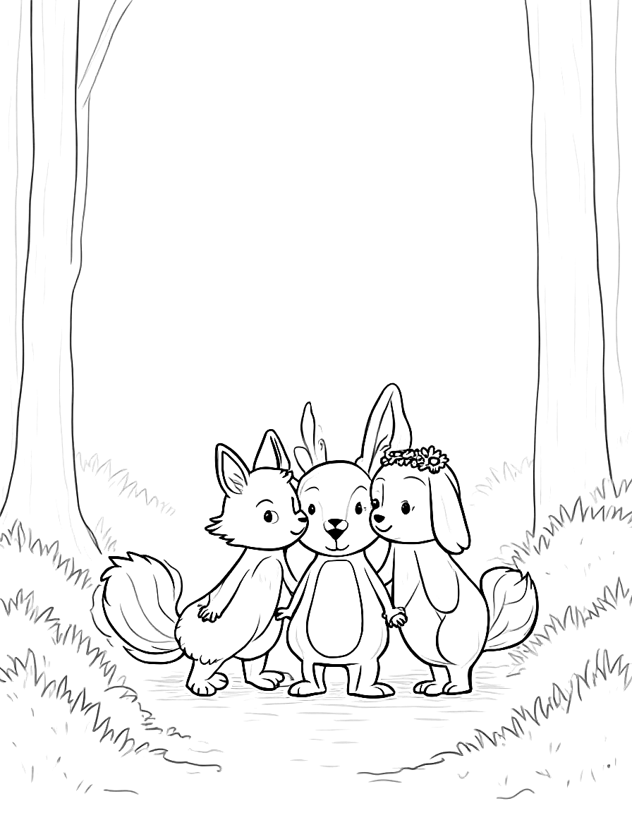 Children's book illustration: Three animal friends standing together on a mossy forest path. A small red fox with a white-tipped tail wearing a brown satchel, a white rabbit with floppy ears wearing a daisy-chain crown, and a black skunk with a white stripe wearing a lavender bow on her left ear. Tall trees and soft moss surround them.. Same characters throughout: Gentle woodland story in Fairport Forest. Three friends: Finn the Fox (small red fox, white-tipped tail, brown satchel), Clover the Rabbit (white rabbit, floppy ears, daisy-chain crown), Pepper the Skunk (black skunk, white stripe, lavender bow on left ear). Clover notices a stranger is sad and finds small ways to help. Theme: kindness. Soft mossy forest setting.. Suitable for a coloring book page. coloring page Contour style - free printable