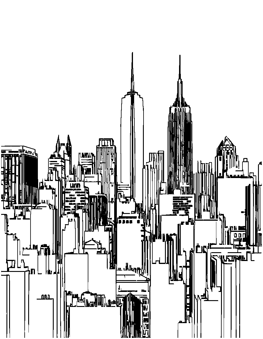 Free city skyline coloring page in woodcut style — printable line art