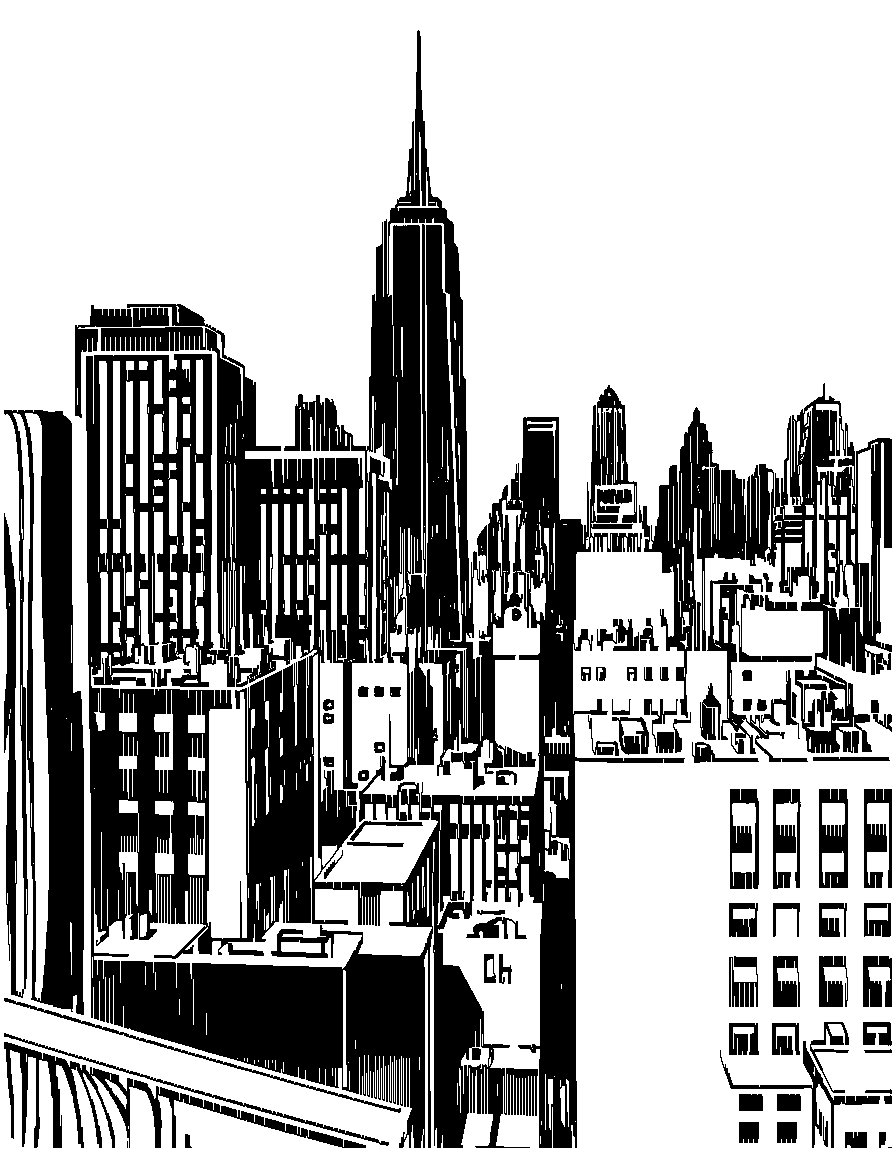 Free city skyline coloring page in woodcut style — printable line art
