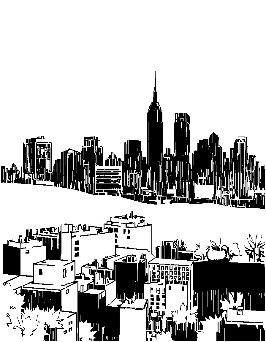 city skyline coloring page Woodcut style free printable