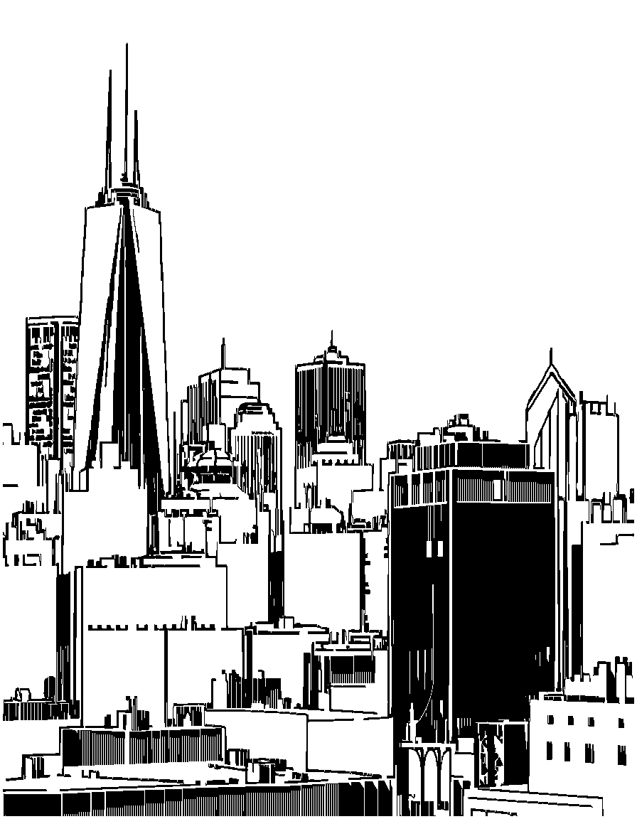 city skyline coloring page Woodcut style free printable