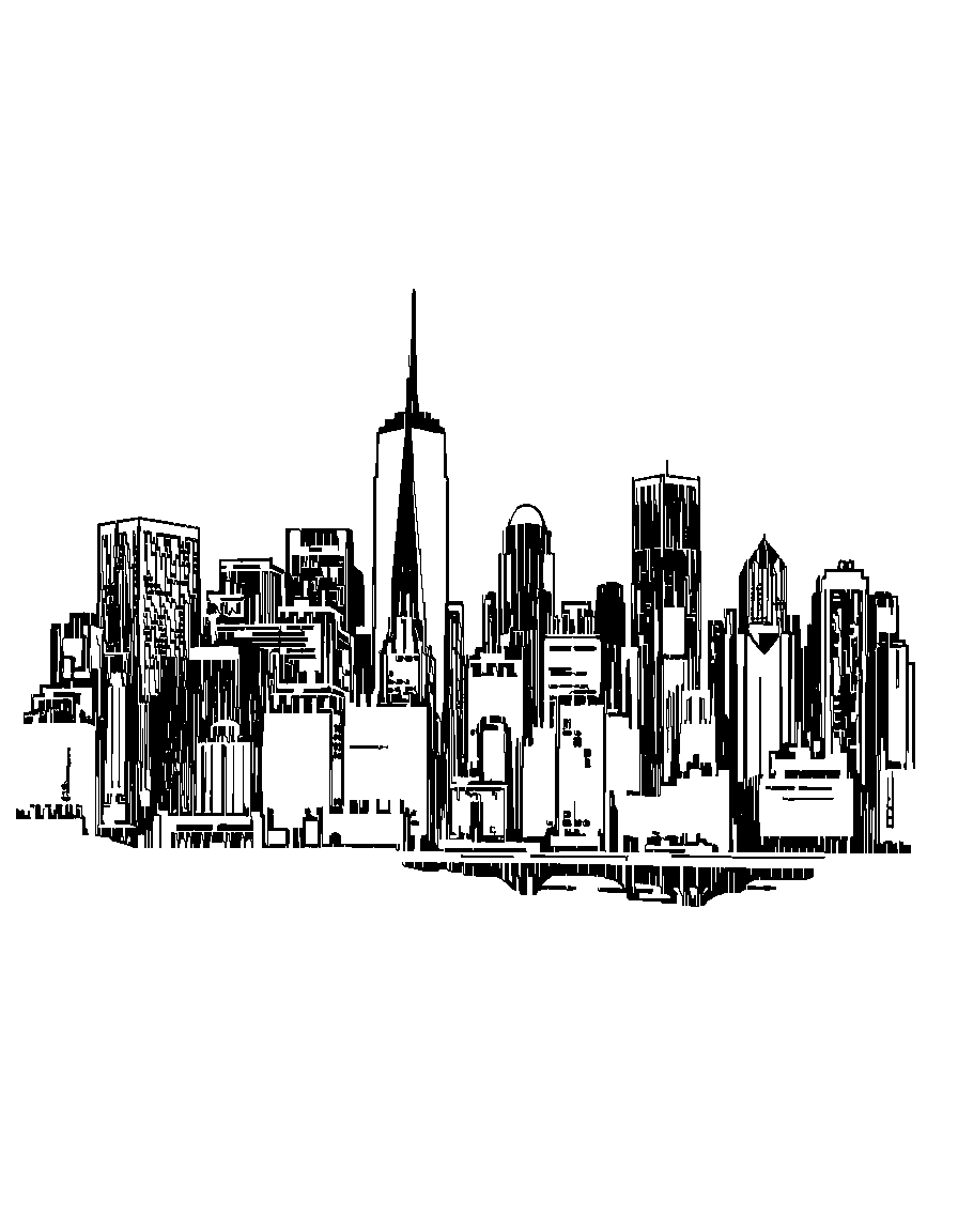 city skyline coloring page Woodcut style free printable