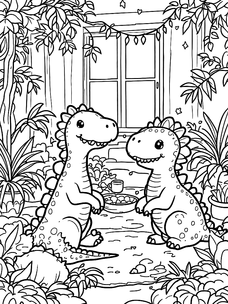 Free cute dinosaurs, from a bird's eye view looking down, in a cozy indoor setting with warm details coloring page in contour style — printable line art