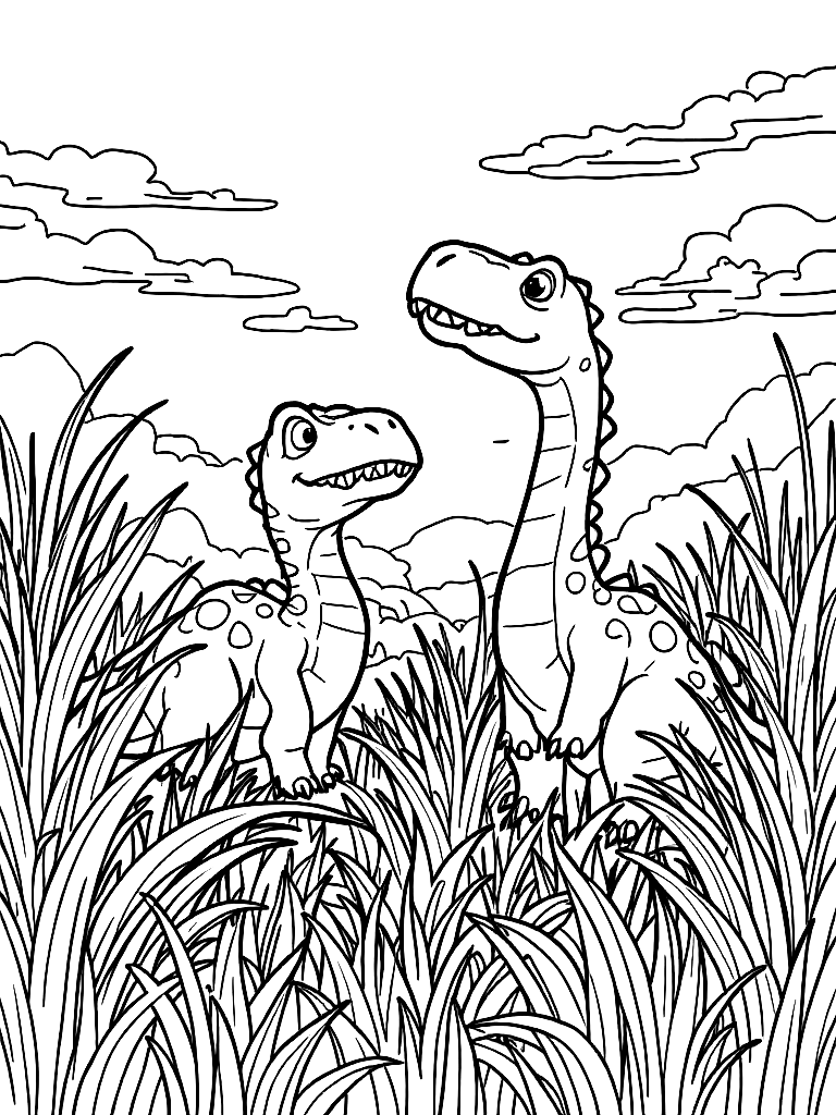 Free cute dinosaurs, from a dramatic low angle looking up, in a field of tall grass at golden hour coloring page in contour style — printable line art
