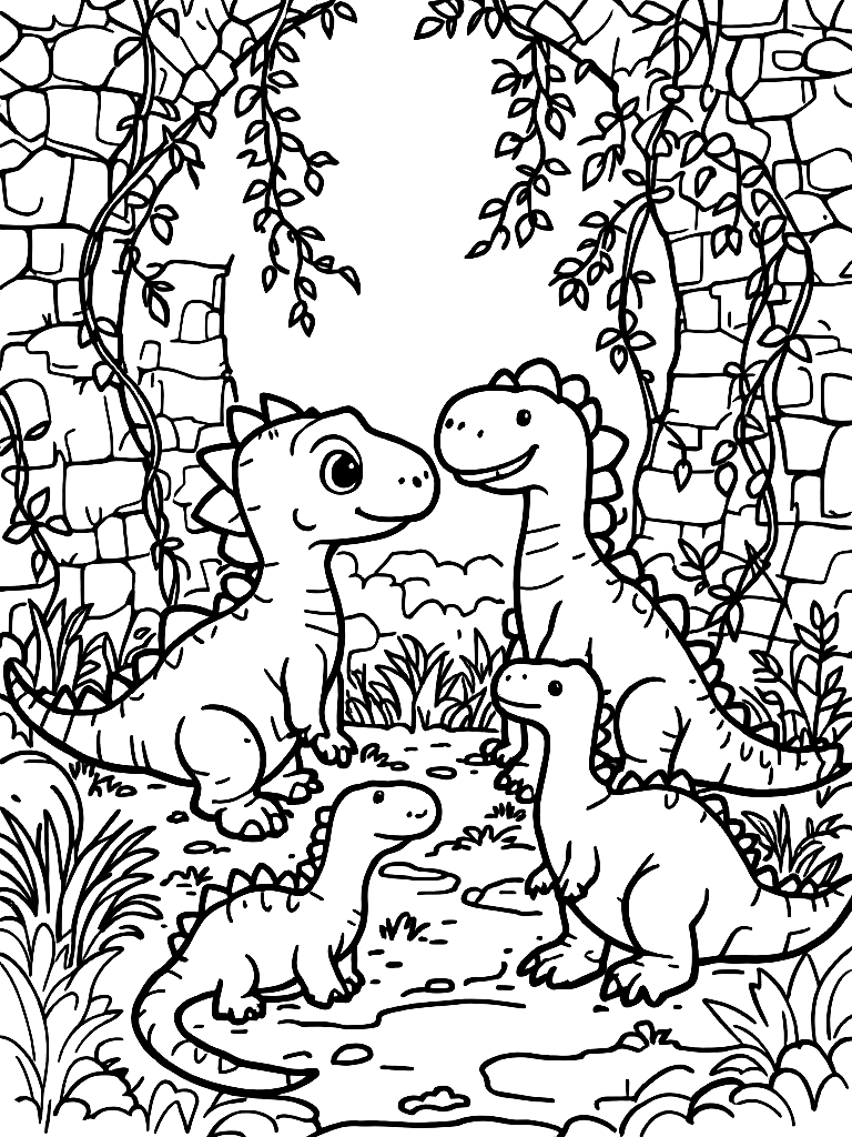 cute dinosaurs, from a three-quarter side angle, in a garden with vines and stone walls coloring page Contour style free printable