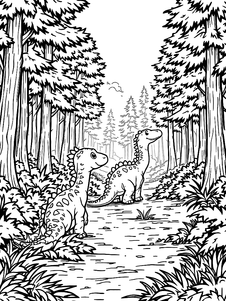 cute dinosaurs, from behind, looking away into the distance, in a forest clearing surrounded by tall trees coloring page Contour style free printable