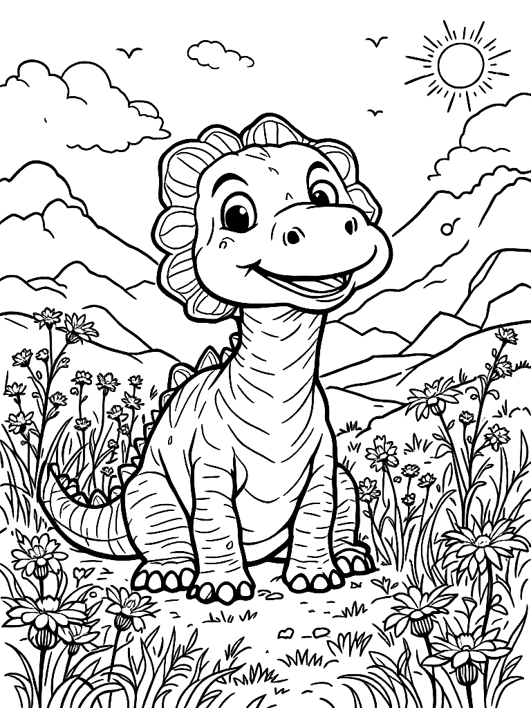cute dinosaurs, from the front, facing the viewer, in a sunlit meadow with wildflowers coloring page Contour style - free printable