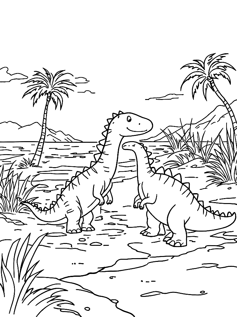 Free cute dinosaurs, from the side in full profile view, on a sandy beach with gentle waves coloring page in contour style — printable line art