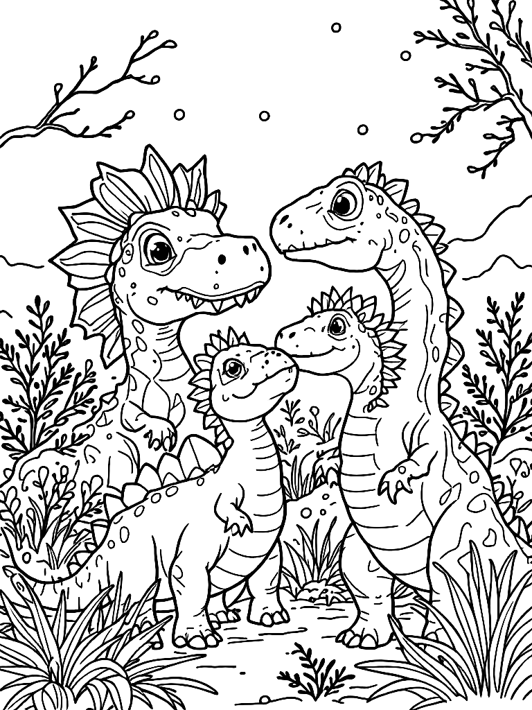 Free cute dinosaurs, in a close-up portrait view with fine detail, in a snowy winter landscape coloring page in contour style — printable line art