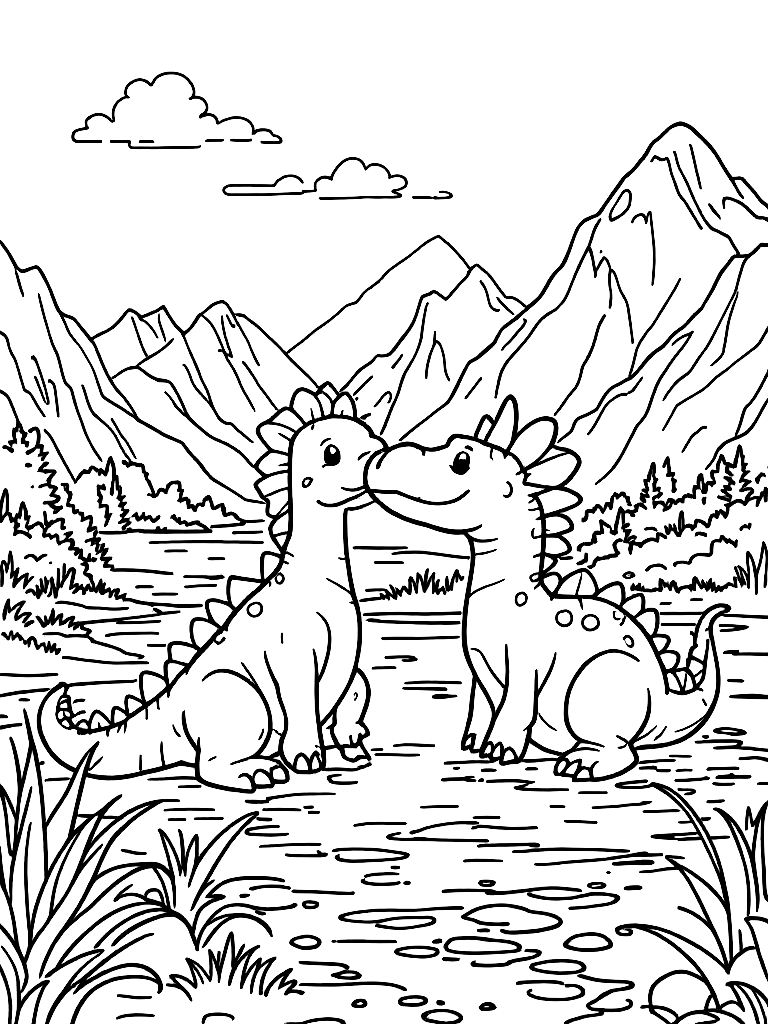 cute dinosaurs, in a peaceful resting pose, by a calm lake with mountains in the background coloring page Contour style free printable