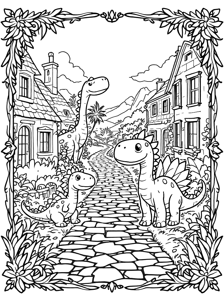 cute dinosaurs, surrounded by a decorative border frame, on a cobblestone path in a charming village coloring page Contour style free printable