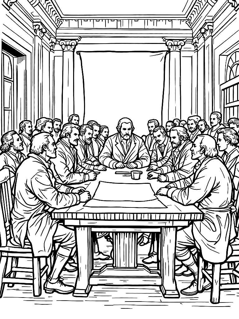 Free detailed black and white line art illustration of the signing of the declaration of independence, colonial men in 18th century clothing gathered around a wooden table, parchment document centered, independence hall interior, historical scene, strong clean outlines, no shading, coloring book style, balanced composition, minimal background noise coloring page in minimal style — printable line art