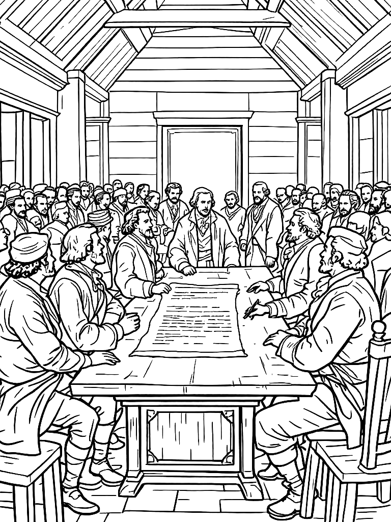 Free detailed black and white line art illustration of the signing of the declaration of independence, colonial men in 18th century clothing gathered around a wooden table, parchment document centered, independence hall interior, historical scene, strong clean outlines, no shading, coloring book style, balanced composition, minimal background noise coloring page in contour style — printable line art