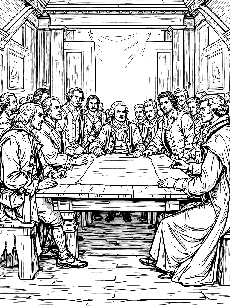 Free detailed black and white line art illustration of the signing of the declaration of independence, colonial men in 18th century clothing gathered around a wooden table, parchment document centered, independence hall interior, historical scene, strong clean outlines, no shading, coloring book style, balanced composition, minimal background noise coloring page in crosshatch style — printable line art