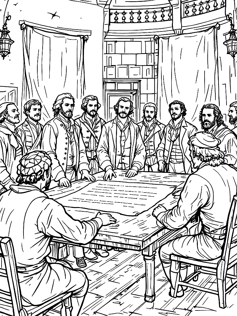 Free detailed black and white line art illustration of the signing of the declaration of independence, colonial men in 18th century clothing gathered around a wooden table, parchment document centered, independence hall interior, historical scene, strong clean outlines, no shading, coloring book style, balanced composition, minimal background noise coloring page in stipple style — printable line art