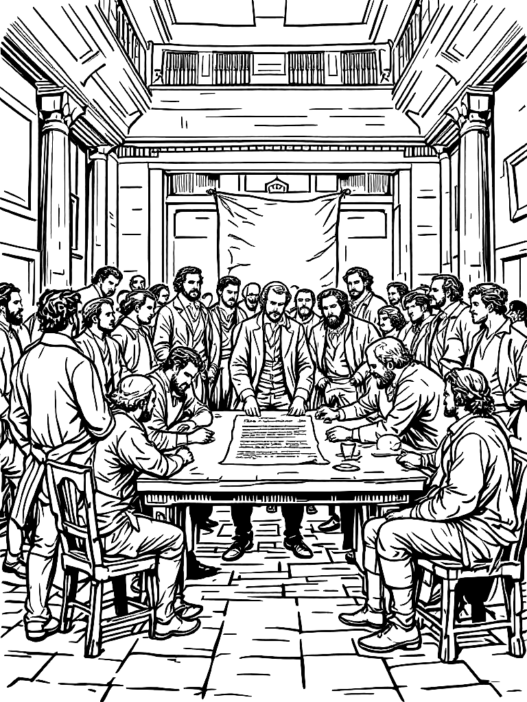Free detailed black and white line art illustration of the signing of the declaration of independence, colonial men in 18th century clothing gathered around a wooden table, parchment document centered, independence hall interior, historical scene, strong clean outlines, no shading, coloring book style, balanced composition, minimal background noise coloring page in woodcut style — printable line art
