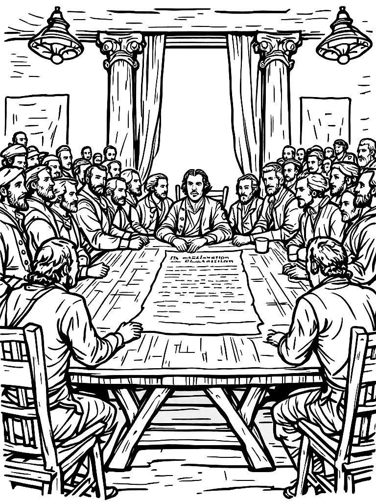 Free detailed black and white line art illustration of the signing of the declaration of independence, colonial men in 18th century clothing gathered around a wooden table, parchment document centered, independence hall interior, historical scene, strong clean outlines, no shading, coloring book style, balanced composition, minimal background noise coloring page in woodcut style — printable line art