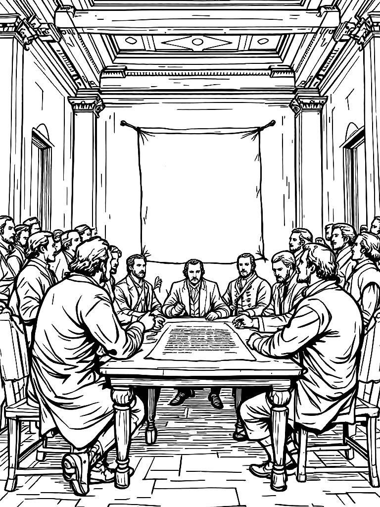 Free detailed black and white line art illustration of the signing of the declaration of independence, colonial men in 18th century clothing gathered around a wooden table, parchment document centered, independence hall interior, historical scene, strong clean outlines, no shading, coloring book style, balanced composition, minimal background noise coloring page in manga style — printable line art
