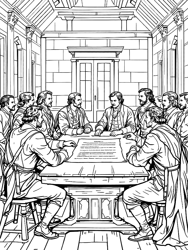Free detailed black and white line art illustration of the signing of the declaration of independence, colonial men in 18th century clothing gathered around a wooden table, parchment document centered, independence hall interior, historical scene, strong clean outlines, no shading, coloring book style, balanced composition, minimal background noise coloring page in minimal style — printable line art