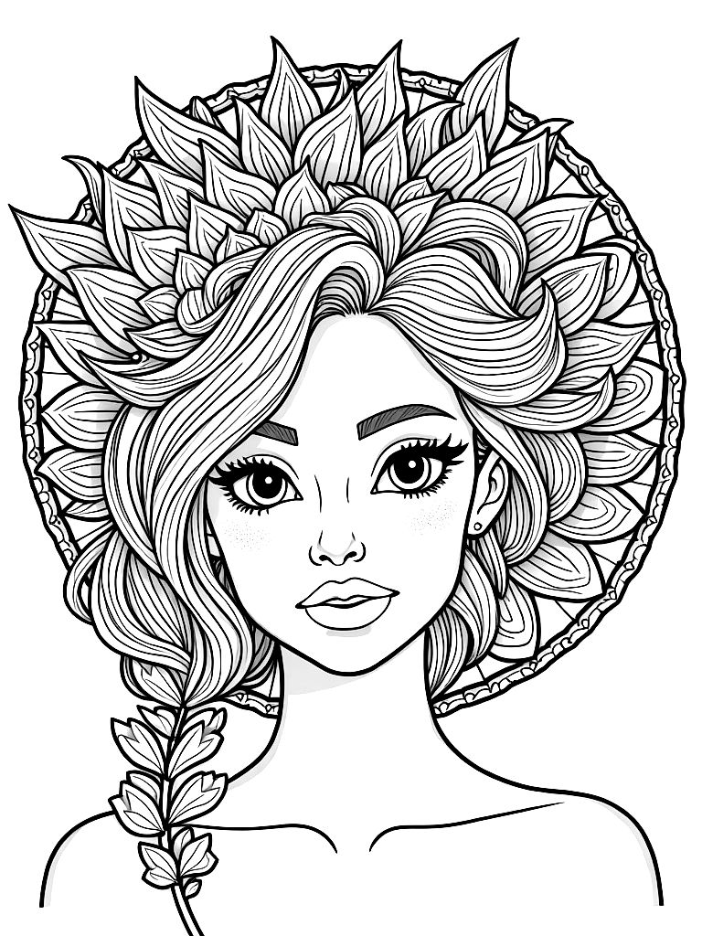 Detailed portrait with ornate floral hair and mandala background coloring page Contour style - free printable