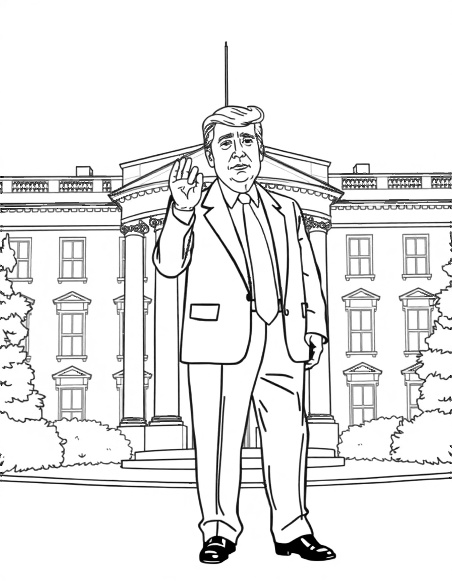Free donald trump standing in front of the white house. coloring page in contour style — printable line art