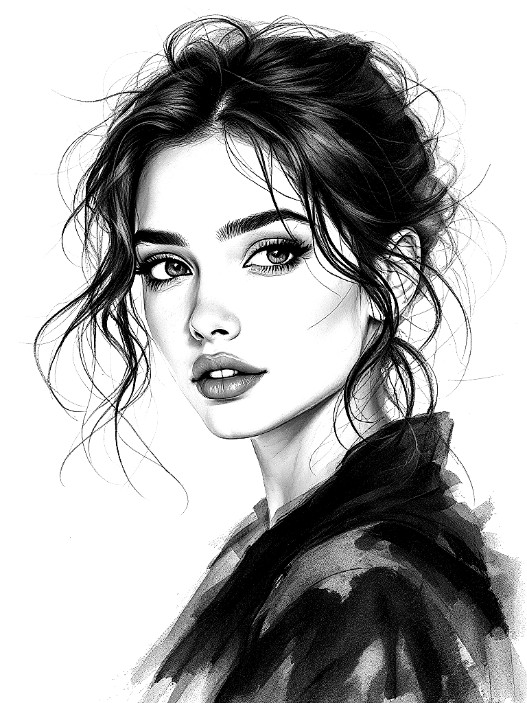 Free expressive charcoal impressionistic realism portrait of a young woman, three-quarter view, soft natural lighting, elegant facial structure, loose confident charcoal strokes, visible charcoal dust and smudging, realistic eyes with emotional depth, partially unfinished clothing and hair, atmospheric shading, dramatic tonal contrasts, white textured drawing paper with visible paper tooth and grain, hand-drawn fine art appearance, vine charcoal and compressed charcoal style, artistic and expressive coloring page in contour style — printable line art