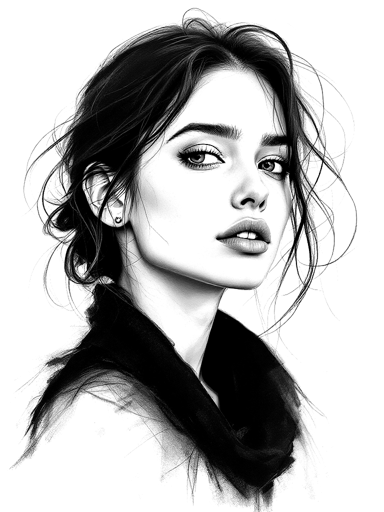 Expressive charcoal impressionistic realism portrait of a young woman, three-quarter view, soft natural lighting, elegant facial structure, loose confident charcoal strokes, visible charcoal dust and smudging, realistic eyes with emotional depth, partially unfinished clothing and hair, atmospheric shading, dramatic tonal contrasts, white textured drawing paper with visible paper tooth and grain, hand-drawn fine art appearance, vine charcoal and compressed charcoal style, artistic and expressive coloring page Minimal style free printable