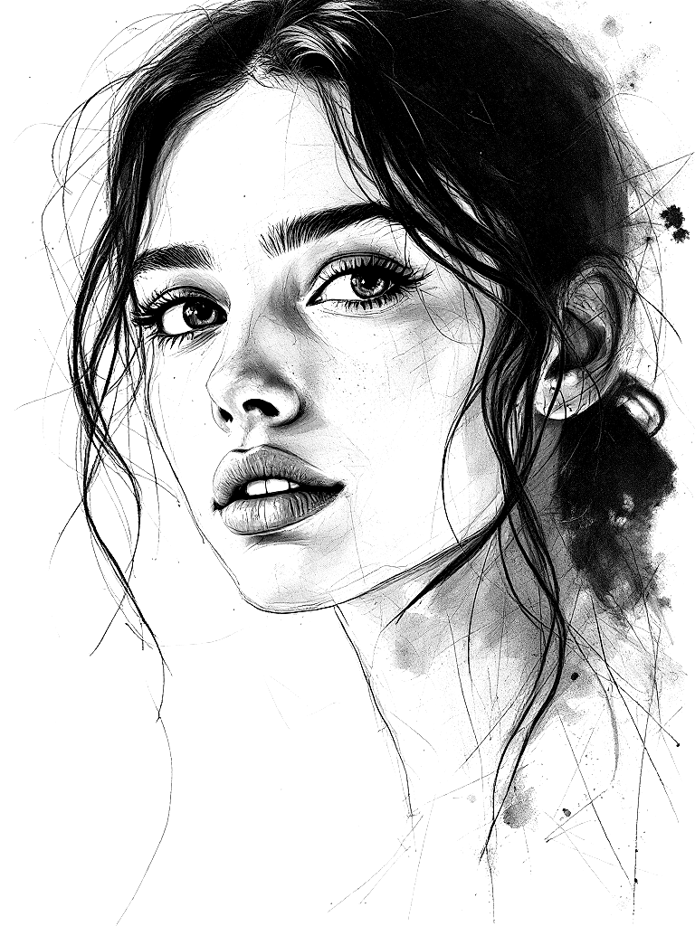 Expressive charcoal line-art portrait of a young woman on heavily textured white charcoal paper, impressionistic realism style, visible paper tooth and grain throughout the entire image, hand-drawn vine charcoal and compressed charcoal marks, simplified tonal regions, bold contour lines, broken edges, unfinished charcoal strokes, loose gestural marks, artistic imperfections, atmospheric shading, high-contrast black and white, NOT photorealistic, NOT airbrushed, NOT smooth digital painting, open coloring page Minimal style free printable