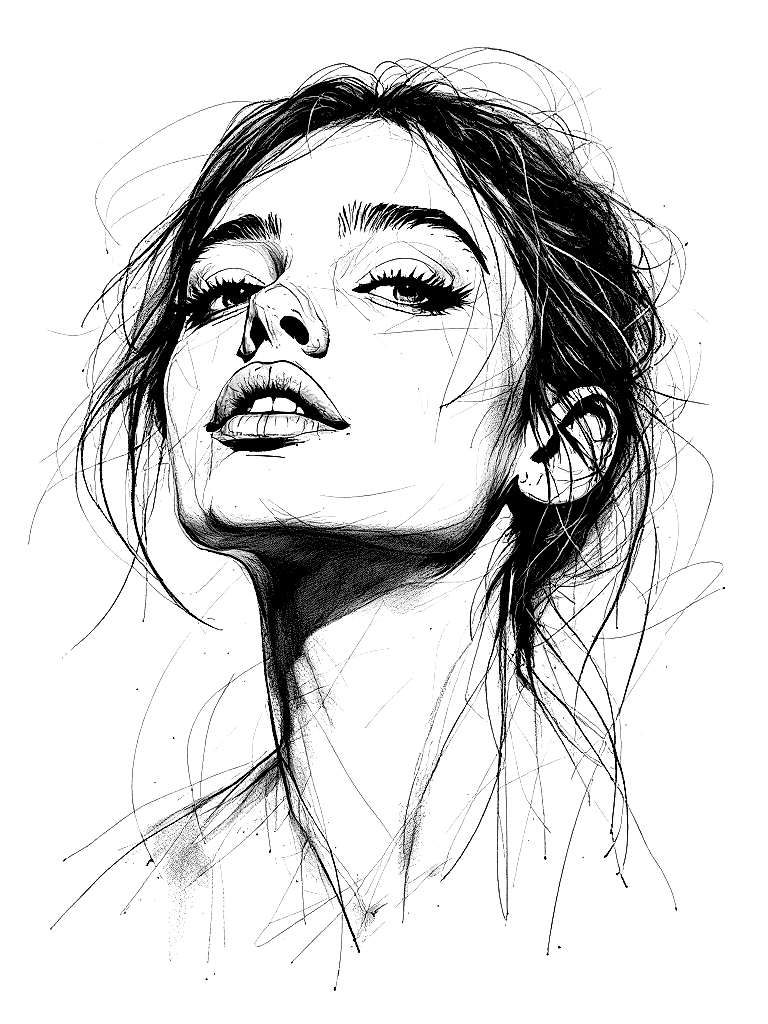 Expressive charcoal portrait drawing of a young woman on heavily textured white charcoal paper, impressionistic realism, visible paper tooth and grain across the entire image, hand-drawn vine charcoal and compressed charcoal marks, loose gestural construction lines, bold contour strokes, broken edges, simplified tonal masses, atmospheric charcoal smudging, unfinished expressive mark-making, selective detail only in focal facial features, open white paper regions preserved for coloring, sparse im coloring page Minimal style free printable