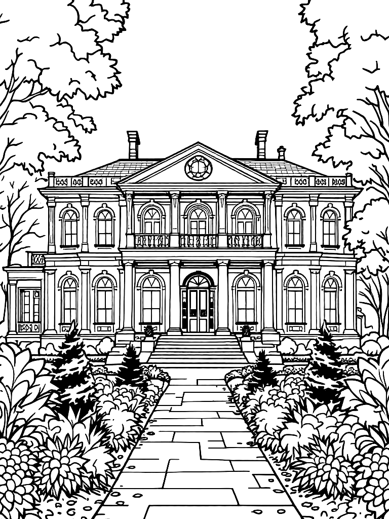Free george eastman house in rochester ny, elegant historic mansion with columns and symmetrical architecture, include formal gardens with flowers, pathways and shrubs, trees framing both sides, slightly simplified architectural detail but recognizable facade, inviting composition coloring page in contour style — printable line art