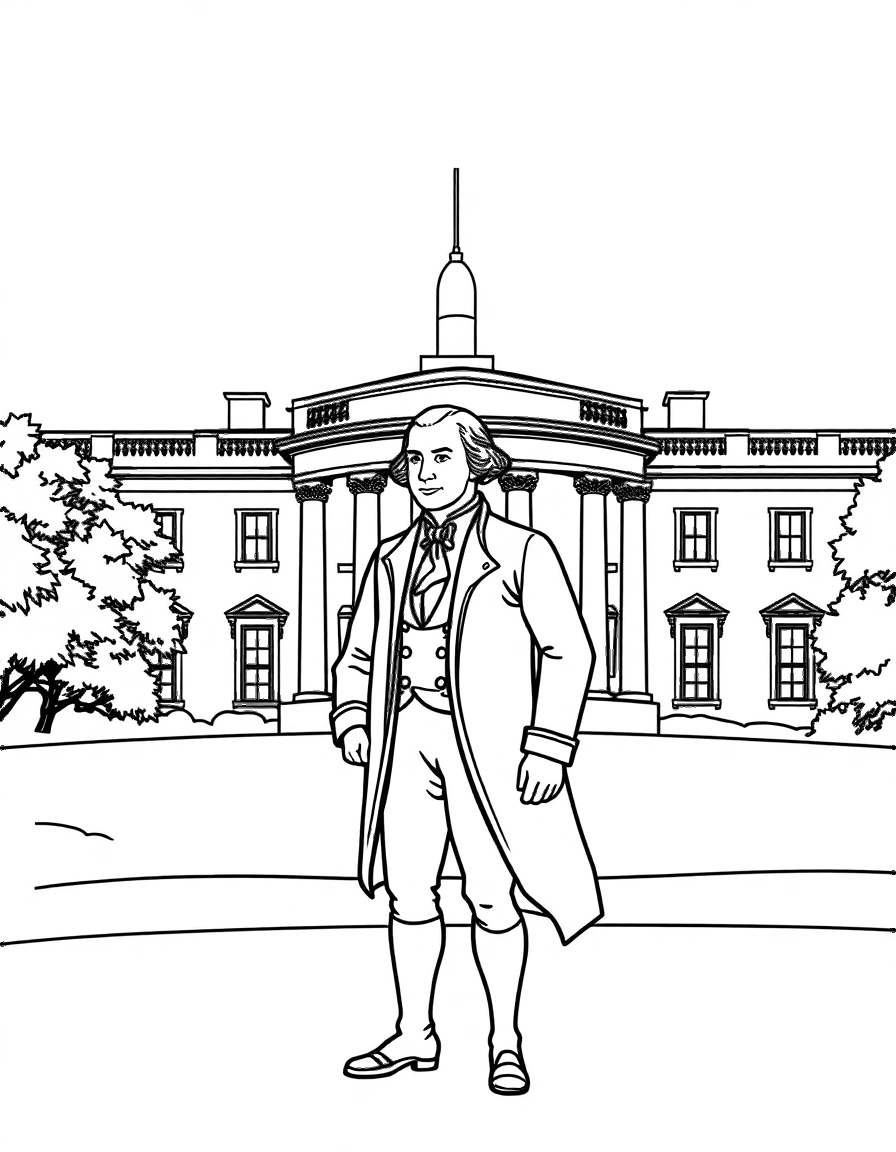 Free george washington standing in front of the white house. coloring page in contour style — printable line art