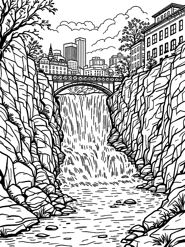 Free high falls in rochester ny, genesee river waterfall cascading between rock cliffs, include bridge above falls and partial downtown buildings in background, flowing water stylized with curved lines, rocky textures simplified, strong vertical composition, foreground rocks and water for depth, clean sky coloring page in contour style — printable line art