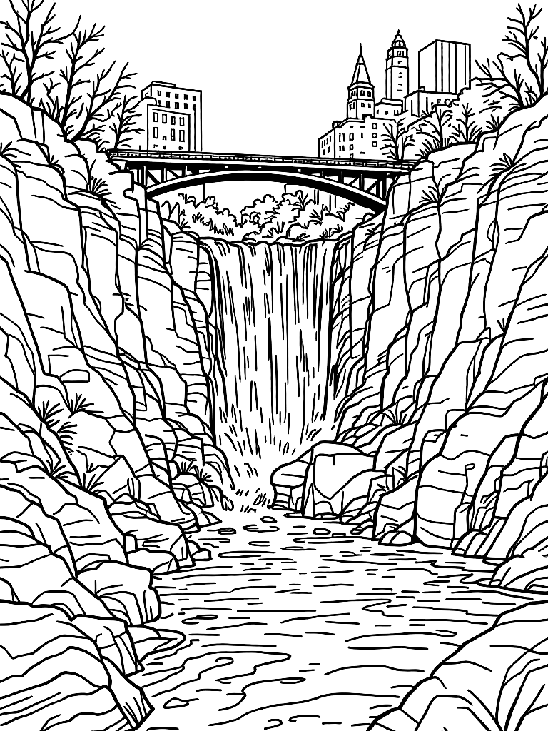 Free high falls in rochester ny, genesee river waterfall cascading between rock cliffs, include bridge above falls and partial downtown buildings in background, flowing water stylized with curved lines, rocky textures simplified, strong vertical composition, foreground rocks and water for depth, clean sky coloring page in contour style — printable line art
