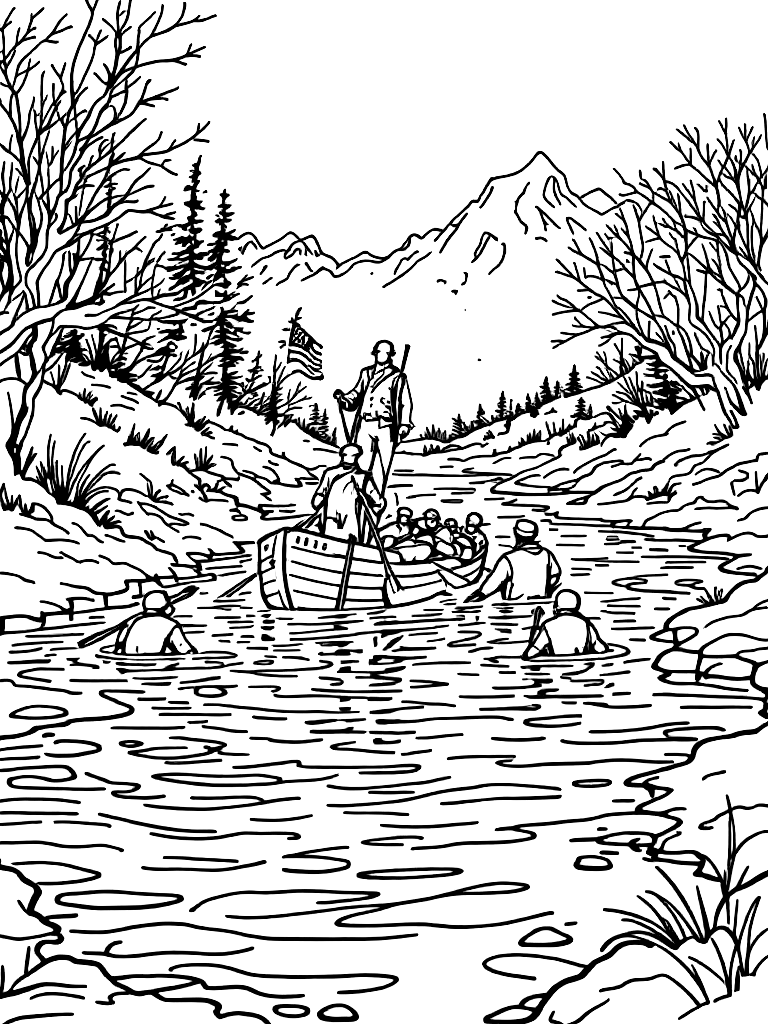 Line art illustration of George Washington standing in a boat crossing icy river with soldiers rowing, American flag flowing, winter scene simplified, bold outlines, minimal detail clutter, no shading, coloring book style coloring page Contour style - free printable