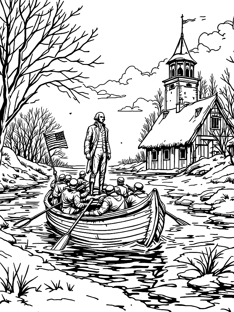 Line art illustration of George Washington standing in a boat crossing icy river with soldiers rowing, American flag flowing, winter scene simplified, bold outlines, minimal detail clutter, no shading, coloring book style coloring page Crosshatch style - free printable