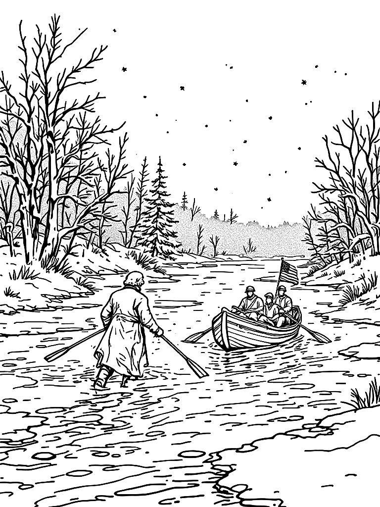 Line art illustration of George Washington standing in a boat crossing icy river with soldiers rowing, American flag flowing, winter scene simplified, bold outlines, minimal detail clutter, no shading, coloring book style coloring page Stipple style - free printable